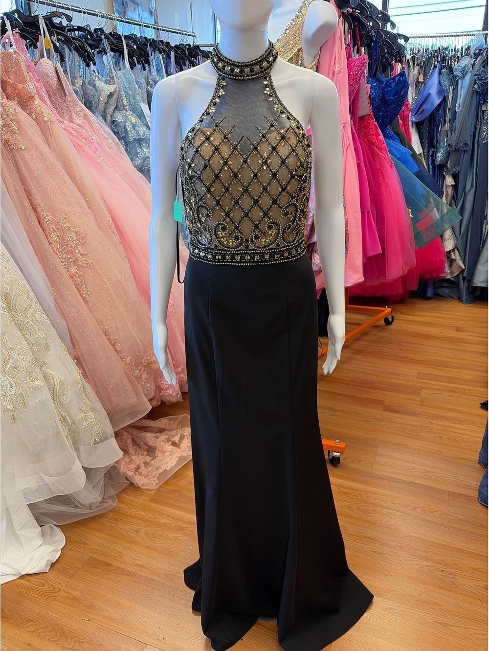 Abby Paris Black Formal Evening Gown with Beaded Mesh Bodice, Size 8